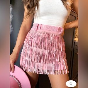 NASHVILLE BABE RHINESTONE FRINGE MINI SKIRT- LIGHT PINK